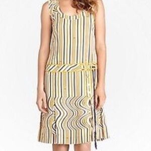 Tori Burch Adorable Shore Khaki Marin Stripe Sleeveless Drop Waist Silk Dress S4
